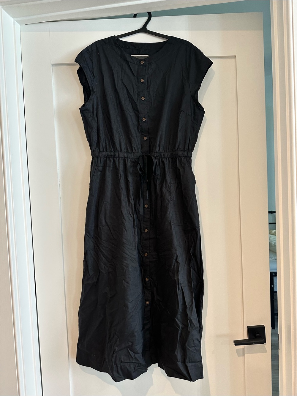 LOFT Black Button-Front Tie-Waist Midi Dress